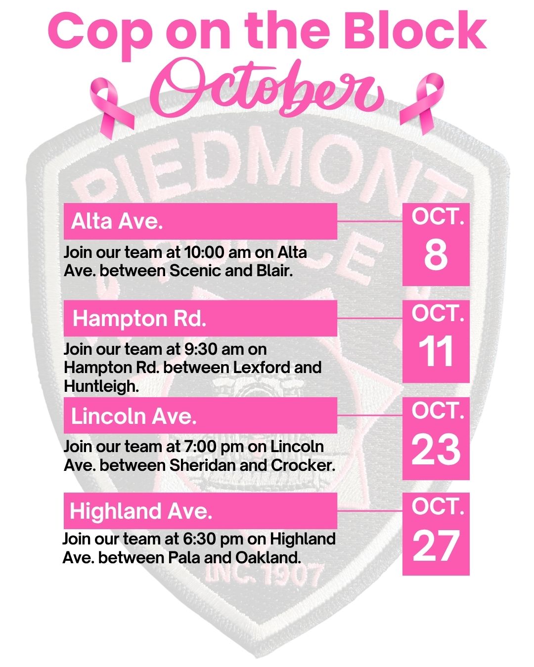 Where to find a Cop on the Block in October — Piedmont Exedra